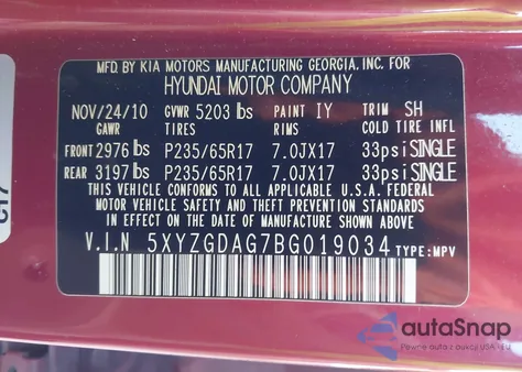 2011 Hyundai Santa Fe Gls V6 from USA, damaged, VIN 5XYZGDAG7BG019034